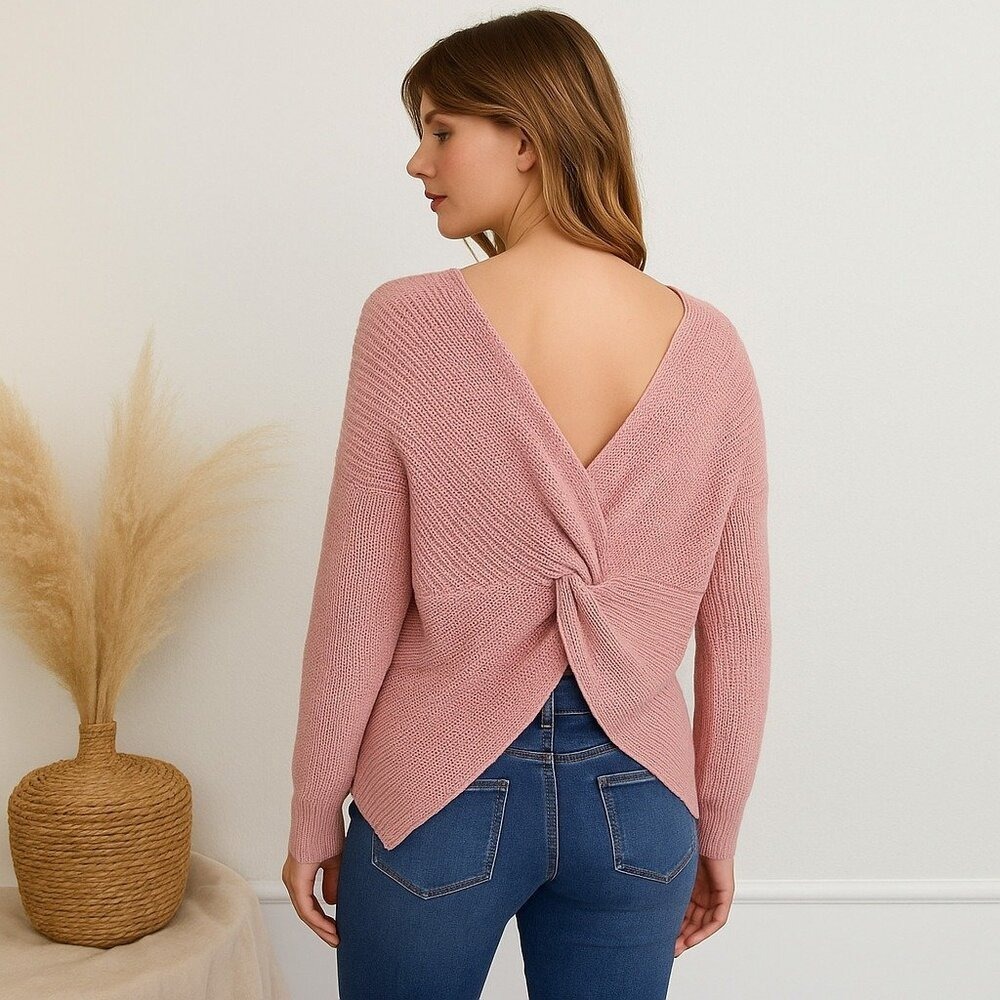 Ivy + Main Mauve Pink Twist Back Sweater Sz L Slouchy Pullover Lightweight Knit